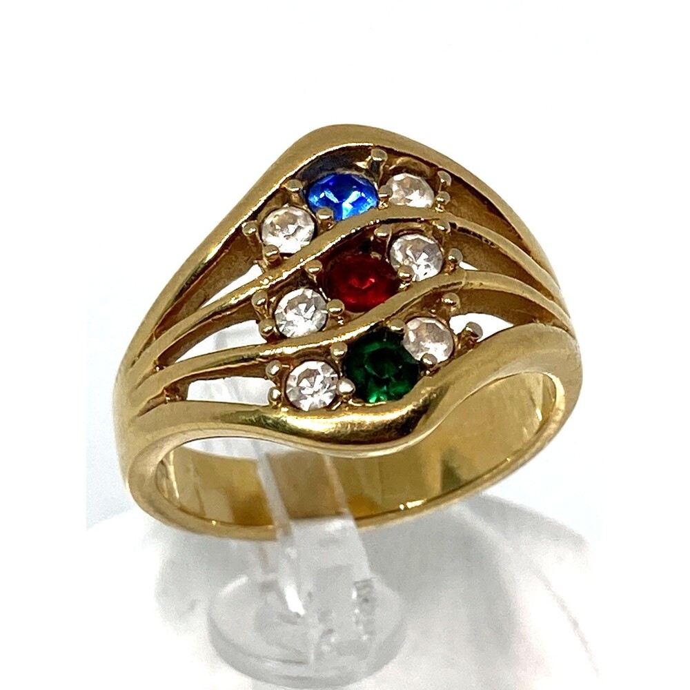 Vintage Avon Ring Gold Tone Red Blue Green Rhinestone Wave Size 5.5 Signed